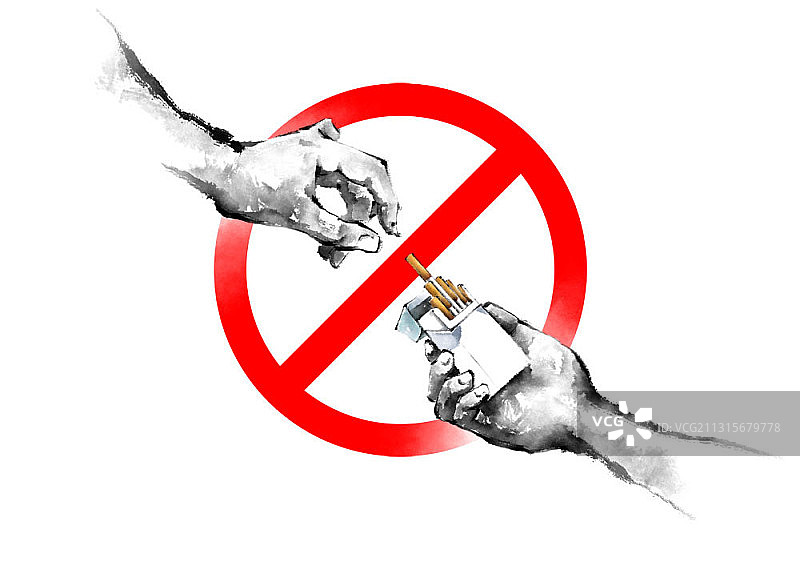 水墨画：人手试图拿取禁烟标志上的香烟图片素材
