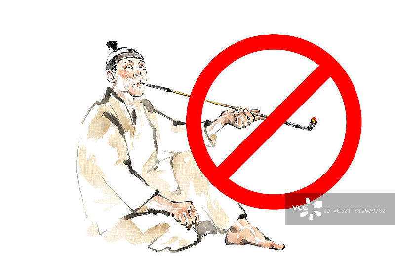穿韩服男子吸烟与禁止标志的水墨画图片素材