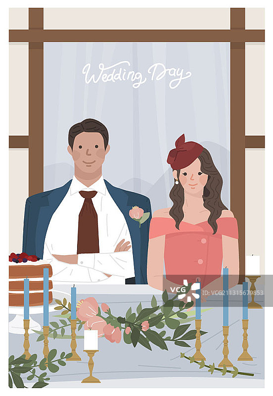矢量插画：新郎新娘，复古服装，传统房屋图片素材