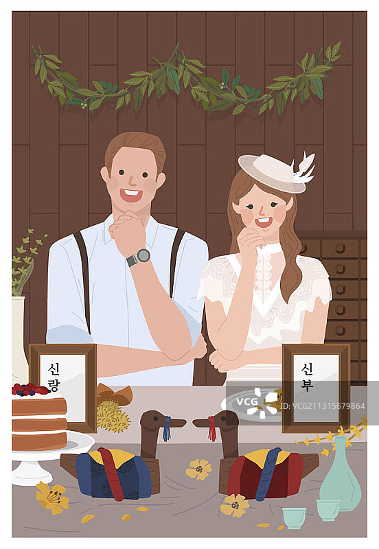 身穿复古服装的新娘新郎坐在放着蛋糕的桌子旁矢量插画图片素材