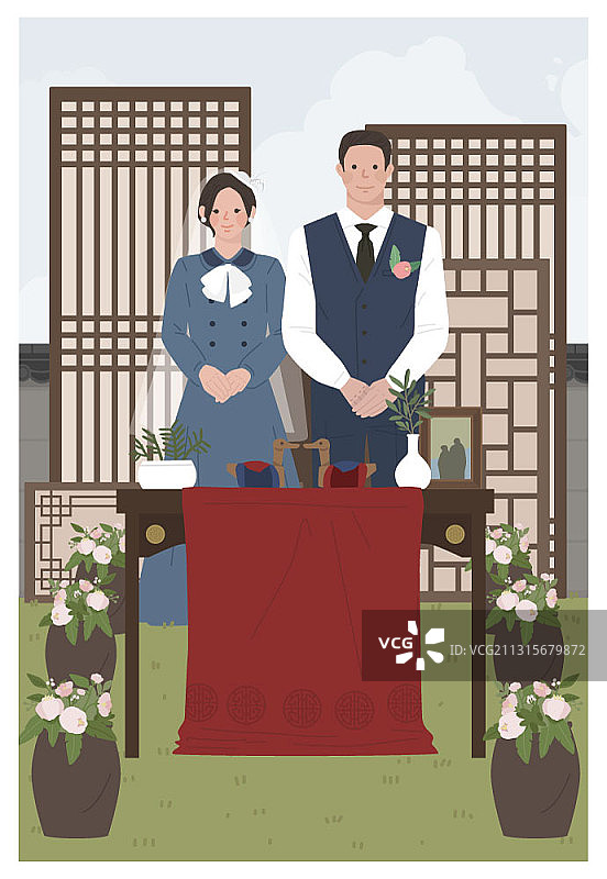 复古婚礼夫妇与传统道具矢量插画图片素材