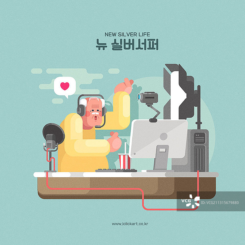 老年男人使用拍摄设备进行广播的银色生活主题矢量插图图片素材