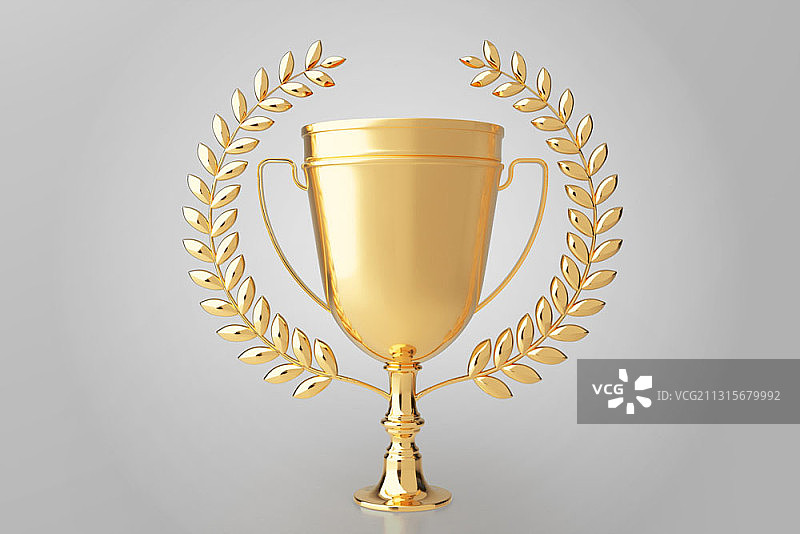 金色奖杯与月桂树叶3D渲染图片素材