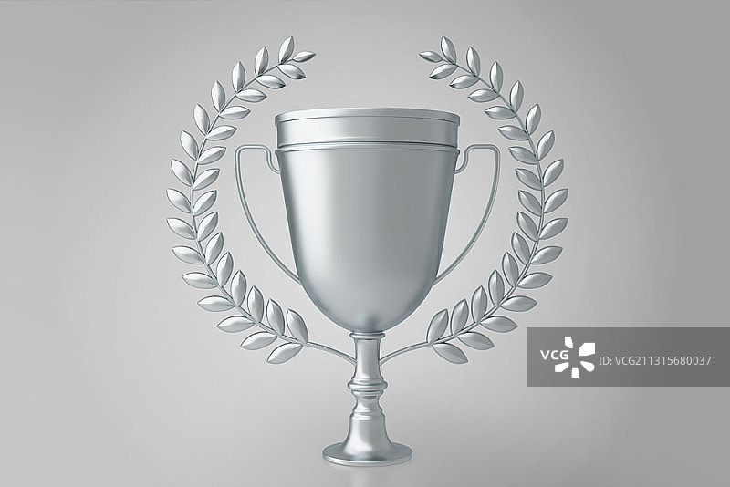 带有月桂树叶的银色奖杯的3D渲染图片素材