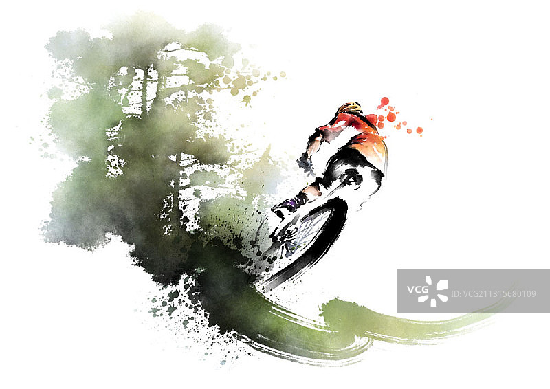 水墨画：森林中骑自行车的男人图片素材