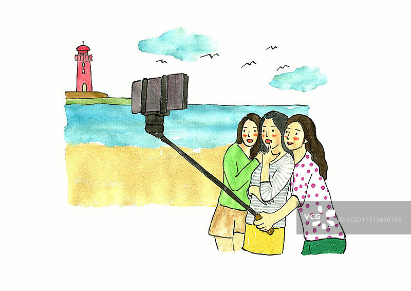 沙滩上三位女人用自拍杆自拍插画图片素材