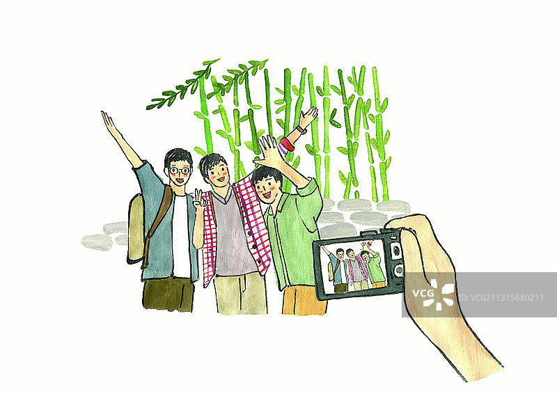 竹林前合影的三名男子插画图片素材