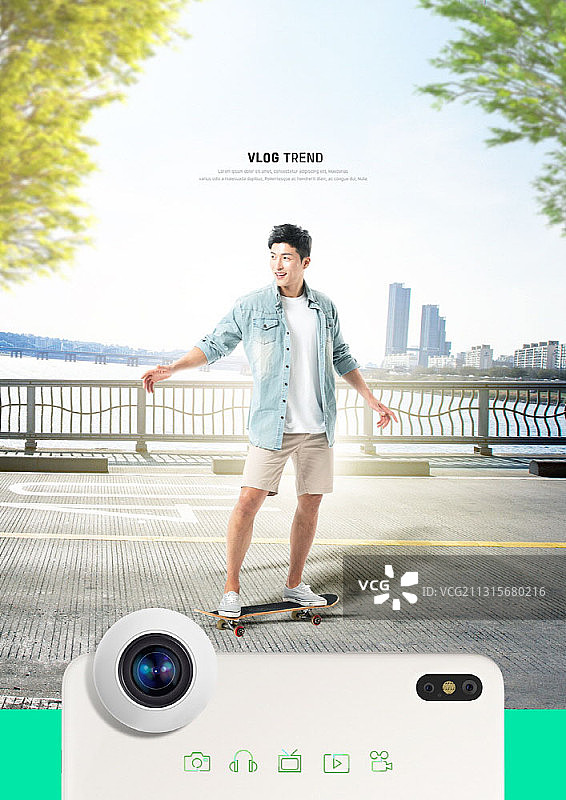 年轻男人玩滑板，用手机拍摄图片素材