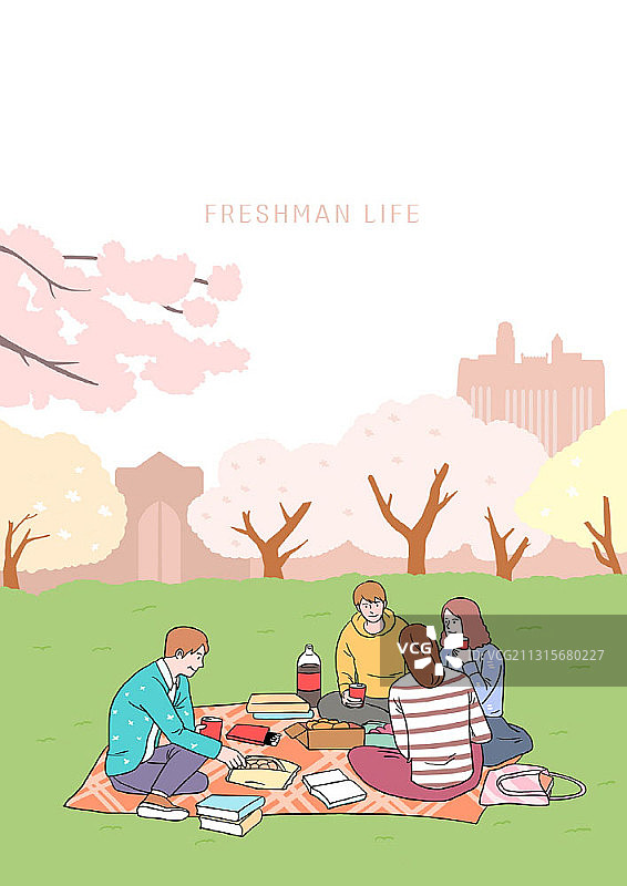 大学新生在草坪上野餐主题插画图片素材