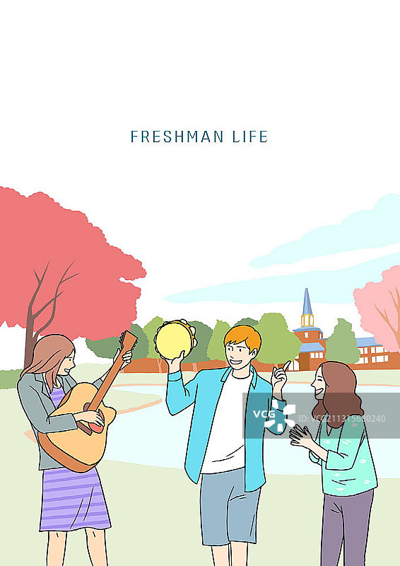 大学校园里大学生弹吉他和铃鼓的大学生活主题插画图片素材
