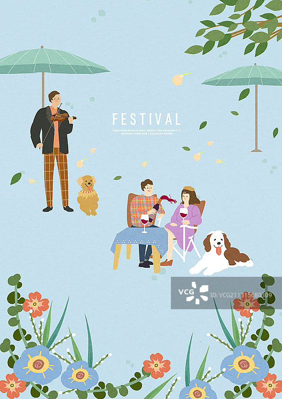 情侣坐在桌旁喝酒，男人拉小提琴的节日主题插画图片素材