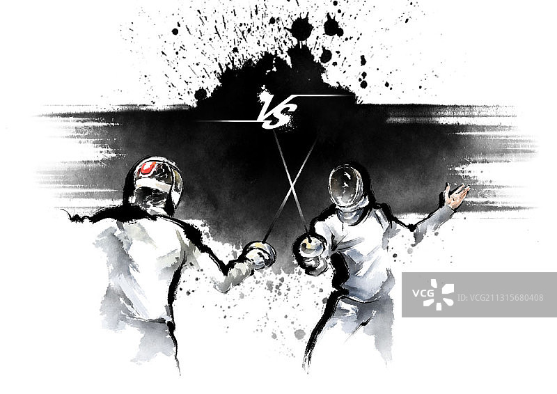 水墨画：击剑比赛图片素材