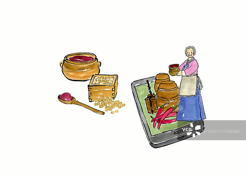 老年妇女用智能手机拿着大豆和辣椒酱罐子送货插画图片素材