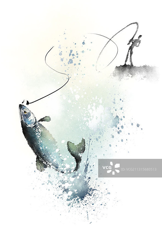 水墨画：男子用钓竿钓鱼图片素材