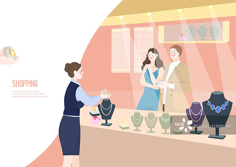 购物主题插画：情侣在商店里选择戒指图片素材