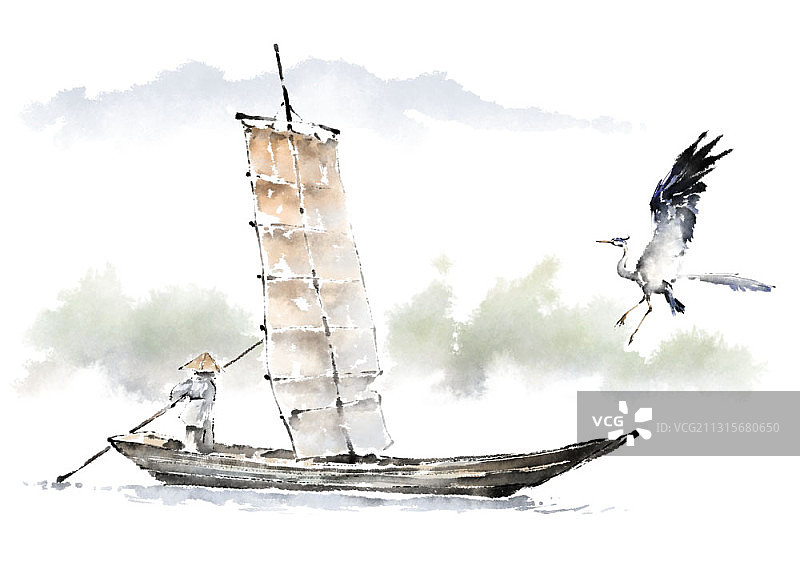 水墨画：摇橹与飞鹤图片素材