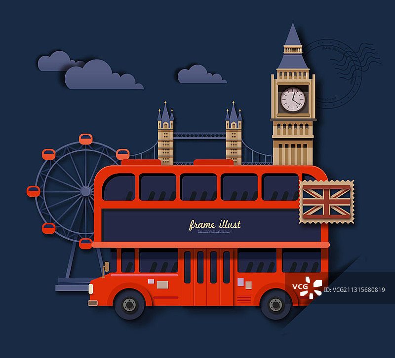 含伦敦桥、大本钟、双层巴士和千禧轮的英国矢量插画图片素材