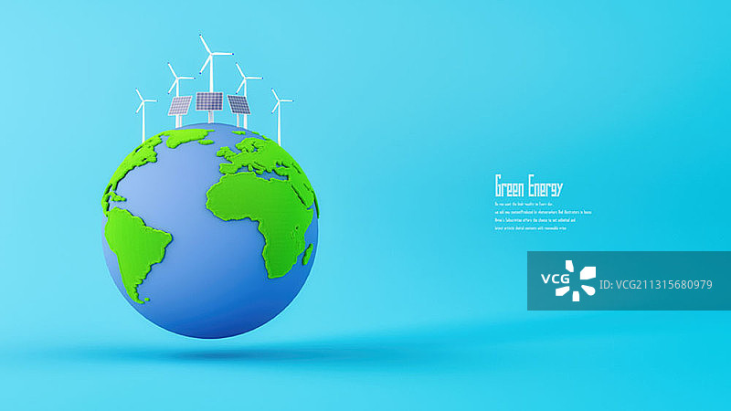 蓝色背景上的风力涡轮机和太阳能电池板地球3D渲染图片素材