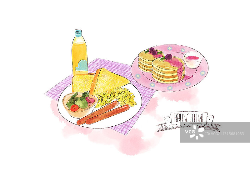 早午餐主题插画：香肠吐司和果汁图片素材
