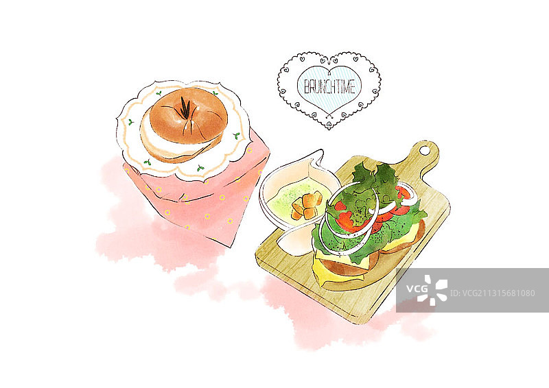木制砧板上的三明治和汤，以及餐盘上的百吉饼早午餐主题插画图片素材