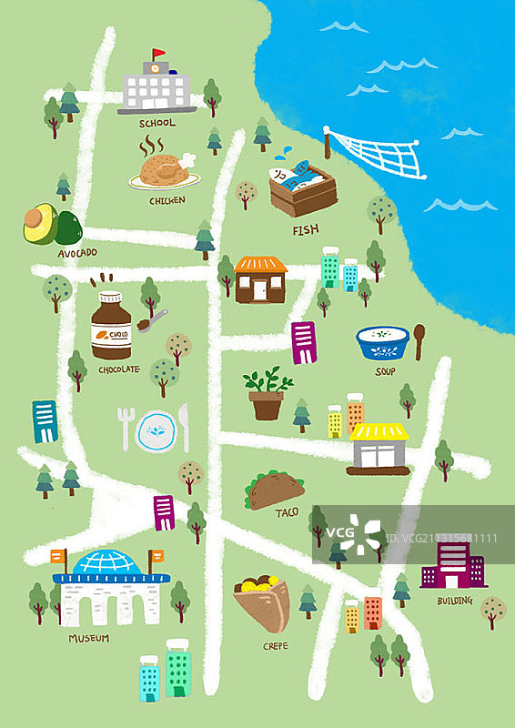 海边村庄旅游目的地和餐厅地图插画图片素材