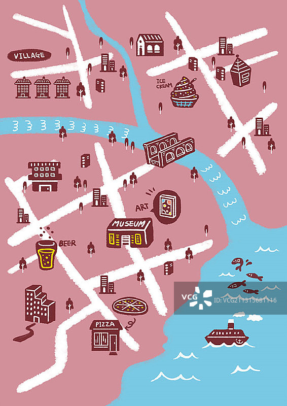 海边村庄旅游目的地和餐厅地图插画图片素材