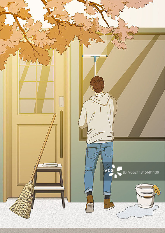 男人户外拖把擦窗户插画图片素材