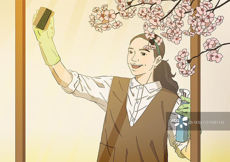 女人用抹布擦窗户，户外有花树的插画图片素材