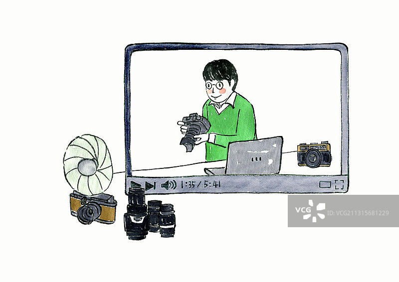 广播主题插画：男性在视频和摄影设备中手持相机图片素材