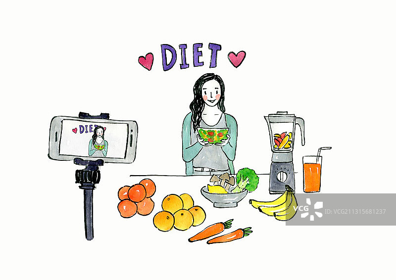 女性拍摄自己准备果蔬沙拉的广播主题插画图片素材