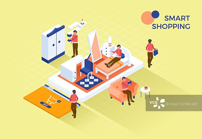 智能购物主题：智能手机和购物家具的男人矢量插画图片素材