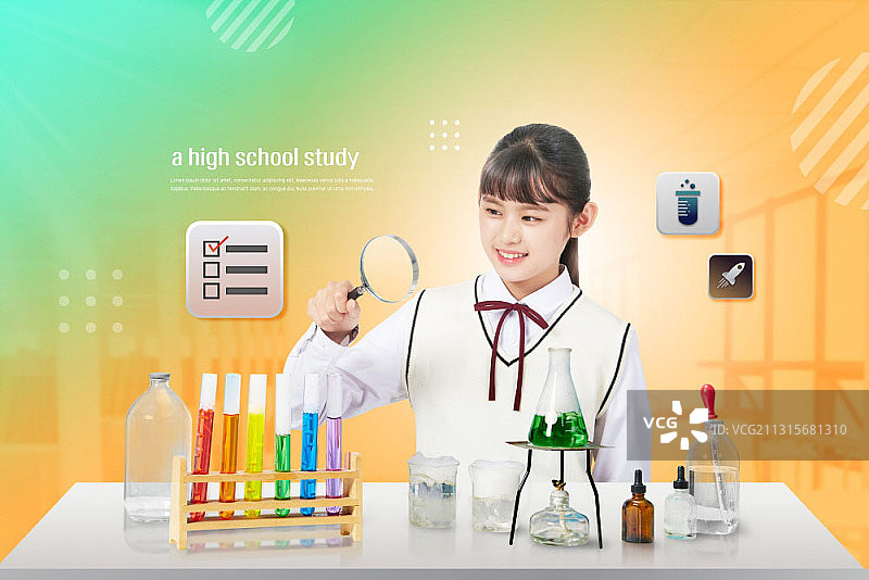 拿着放大镜观察科学实验的微笑女学生图片素材