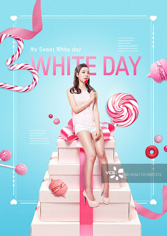 女人坐在装满糖果的礼品盒上图片素材