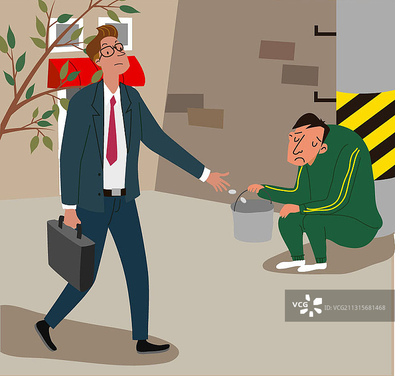 商务人士向街头持桶失业者施舍硬币的矢量插画图片素材