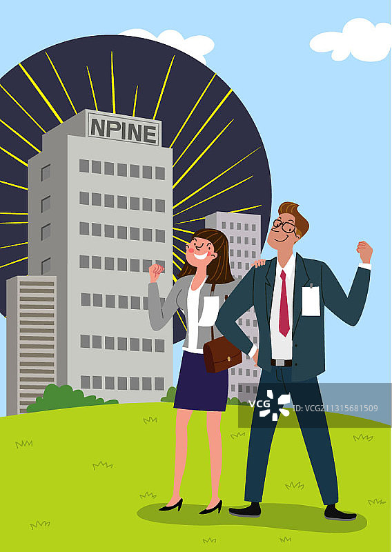 公司大楼前，两名被雇佣的求职者欢呼的矢量插画图片素材