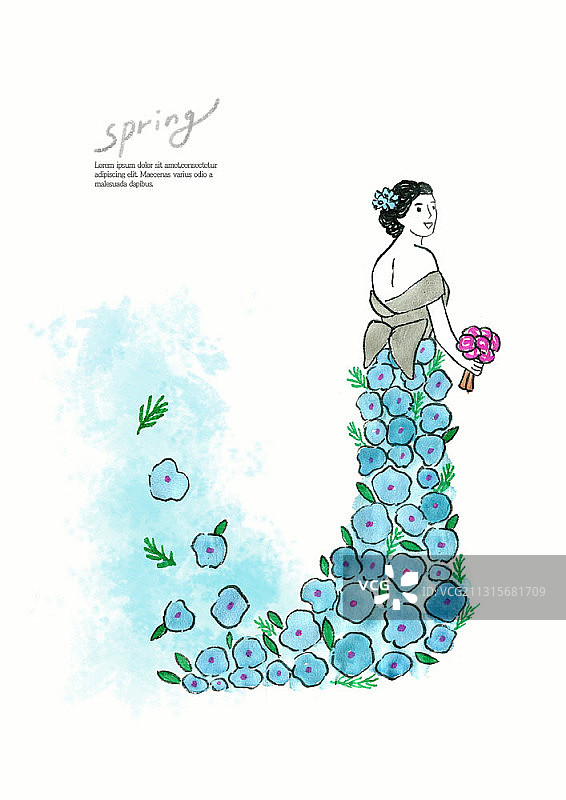 春季水墨画：蓝花裙女子手捧花束图片素材