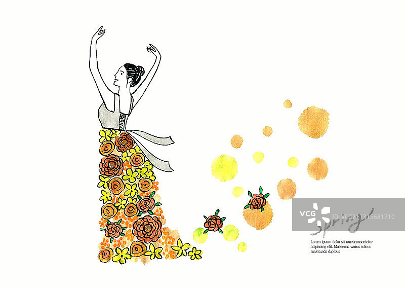 春季主题水墨画：身穿橙色花裙的女子翩翩起舞图片素材