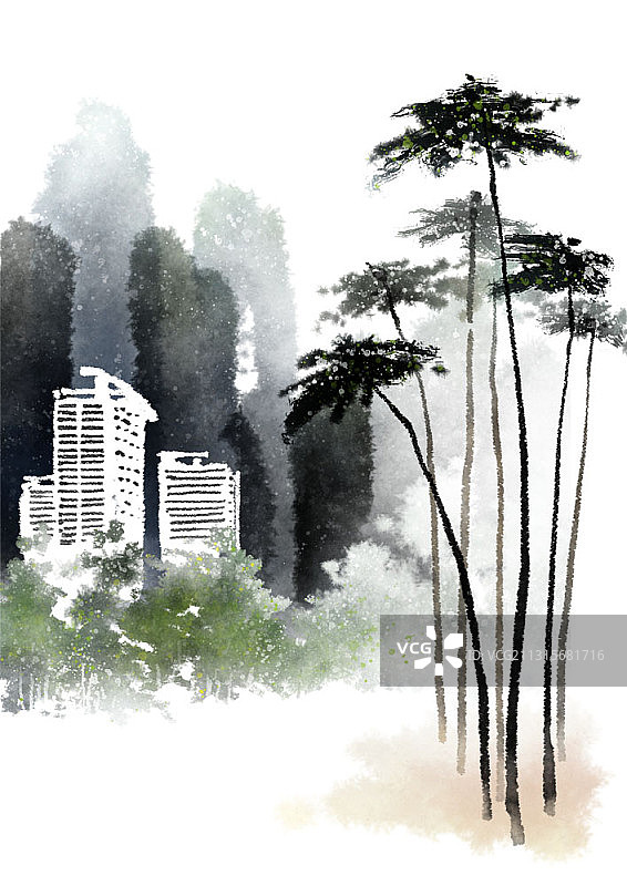 水墨画：建筑物外墙和旅游度假村前的树木图片素材