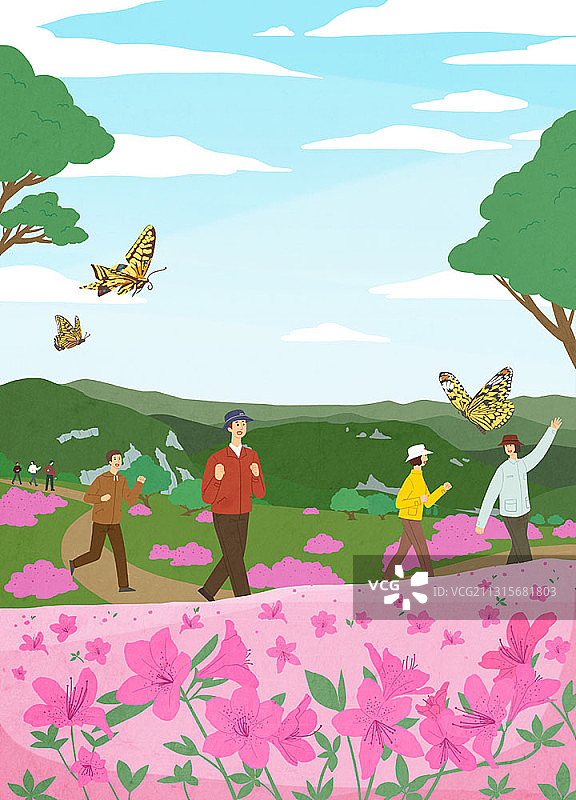 人们在春天登山赏杜鹃花和蝴蝶插画图片素材