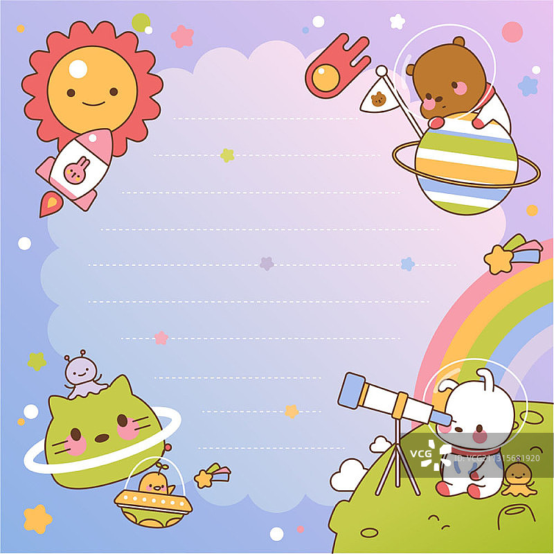 带有可爱动物宇航员角色的字母框架矢量图图片素材