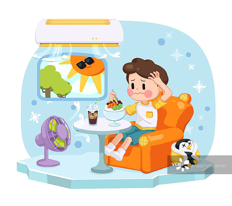 男孩因风扇和空调感到寒冷吃冰沙插画图片素材