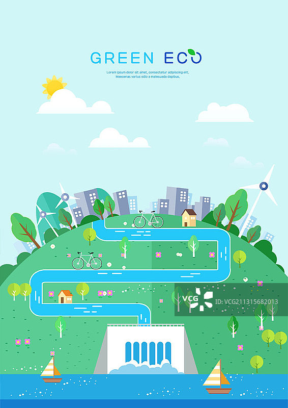 水电站水路与水坝的绿色环保主题插画图片素材