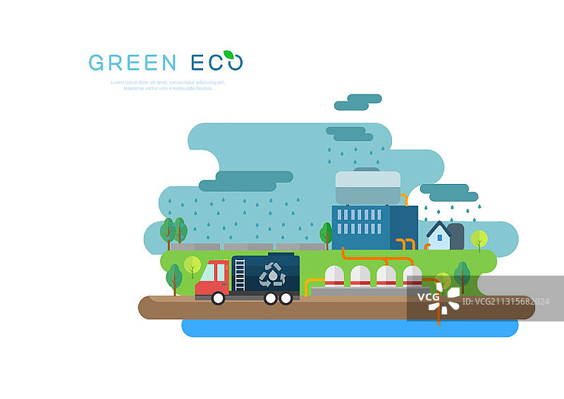 雨水绿色能源和铰接式卡车绿色生态主题插画图片素材
