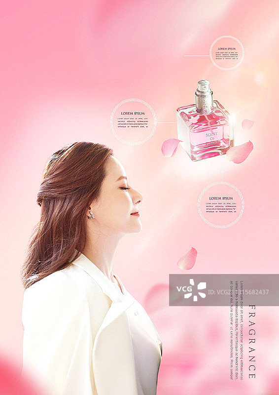 年轻漂亮的女人和粉红色香水瓶轮廓图片素材