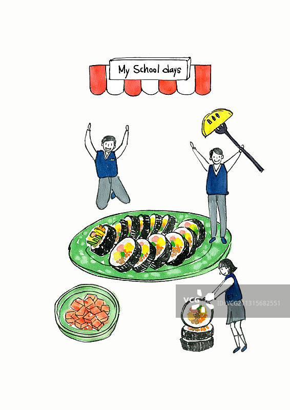 中学生与紫菜包饭泡菜插画图片素材