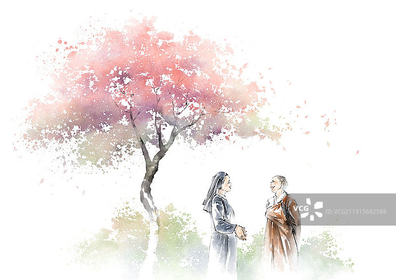 水墨画：僧侣与尼姑在粉色树下对视微笑图片素材