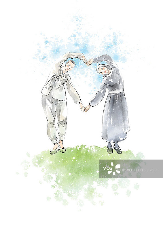 僧侣与尼姑手绘爱心水墨画图片素材