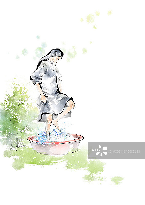 尼姑在洗衣盆里洗衣的水墨画图片素材