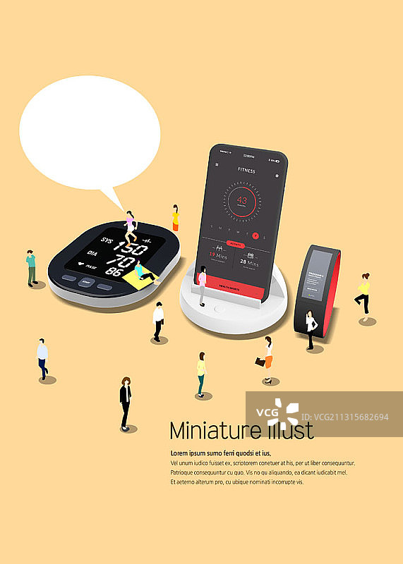 智能手机和智能手表旁人物的微型插画与对话气泡图片素材