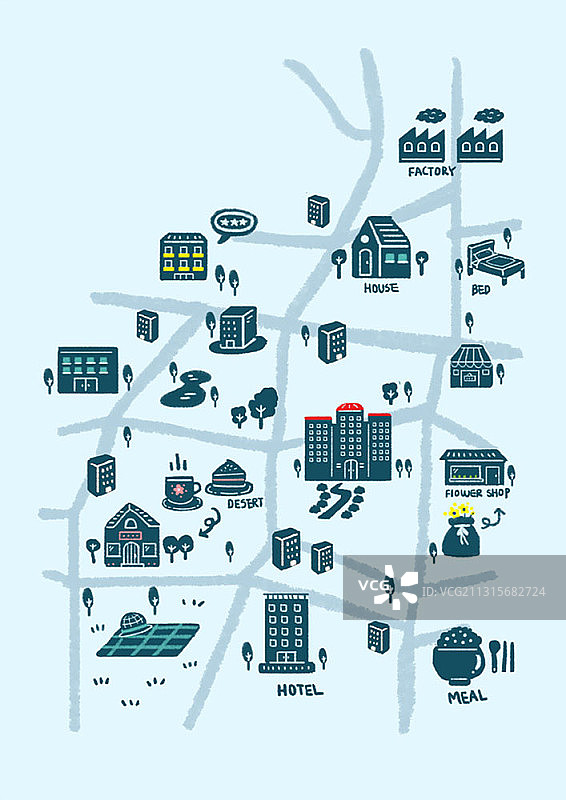蓝色背景上的旅游目的地和餐厅地图插画图片素材
